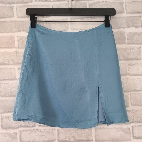 Sky Blue Satin Mini Skirt Thigh Slit Coquette Small NEW Lined - Picture 1 of 7